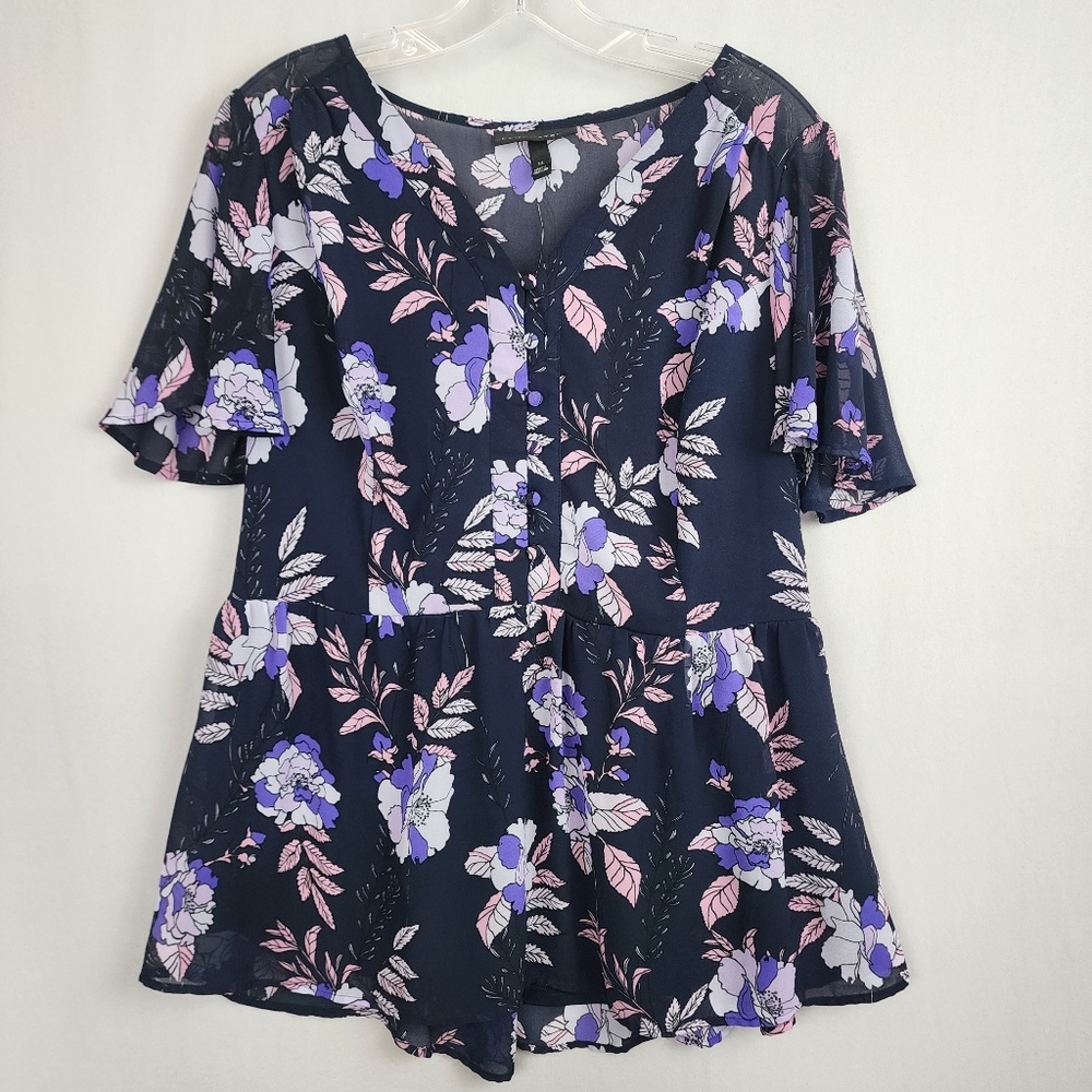 Lane Bryant Navy and Purple Floral Shirt With Sheer Sleeves Sz 14